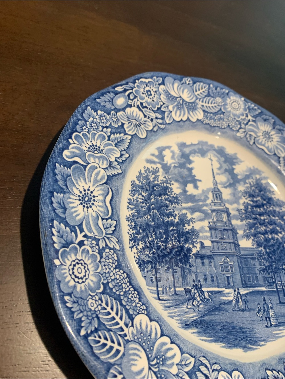Blue Transferware Dinner Plate with Scenic Center and Floral Border - Picture 8 of 9